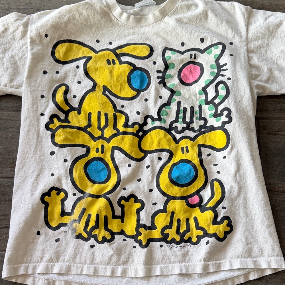 Vintage Freestyle double sided White Tee with Yellow Dogs and Green Cat